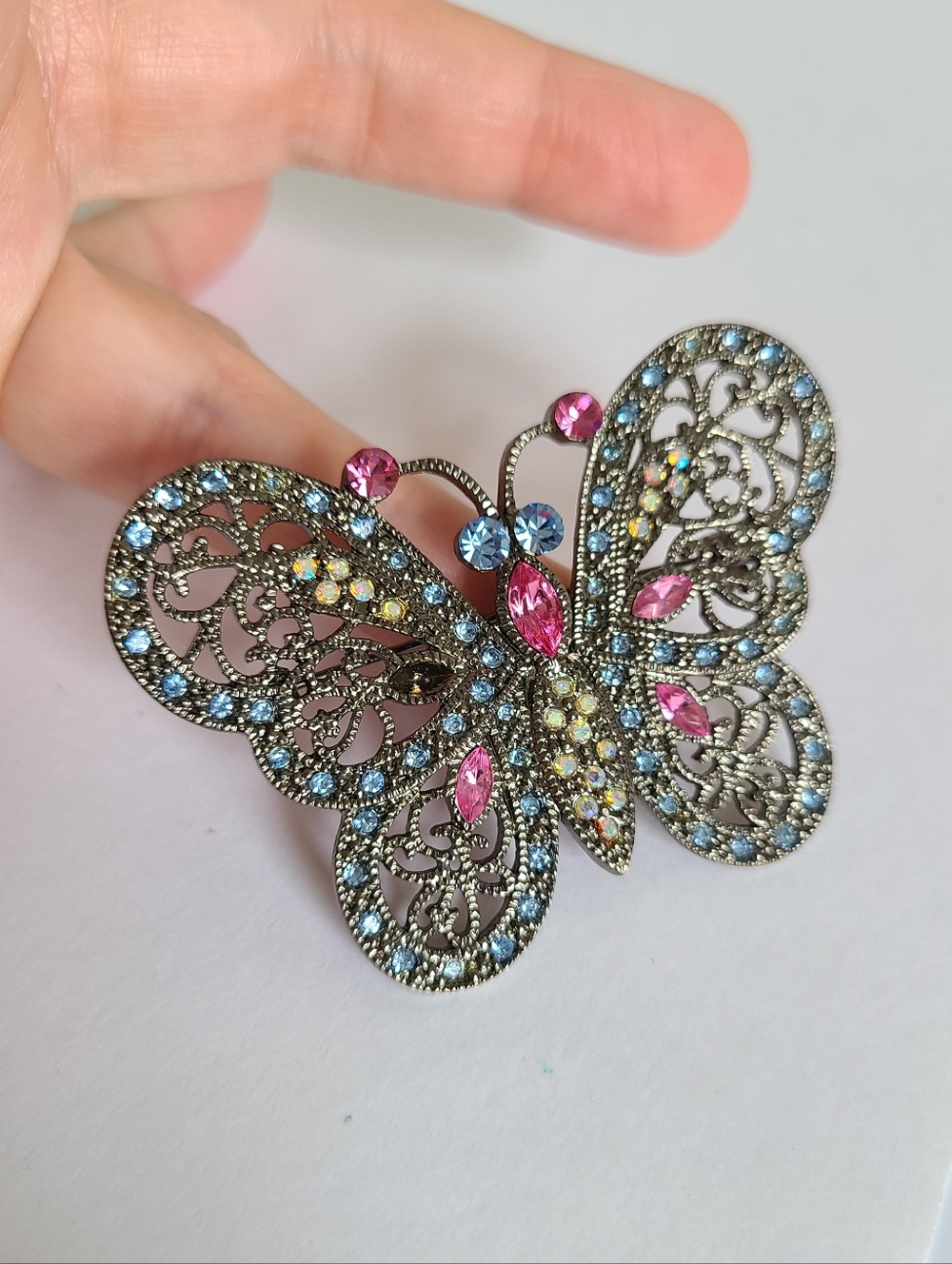 Vintage Pewter Dark Silver Colourful Rhinestone Large Figural Butterfly Brooch
